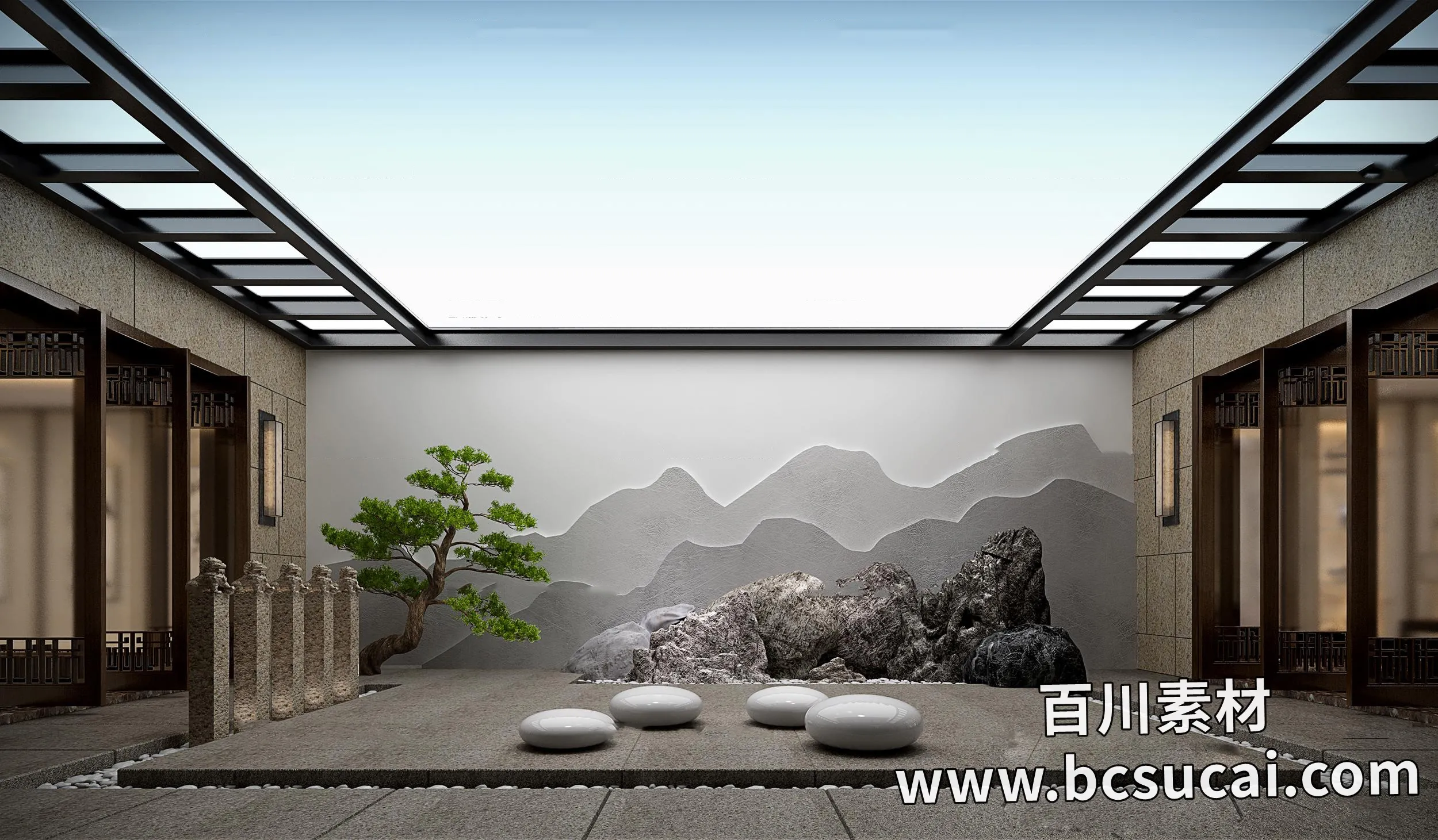 新中式庭院景观3D模型ID：379724