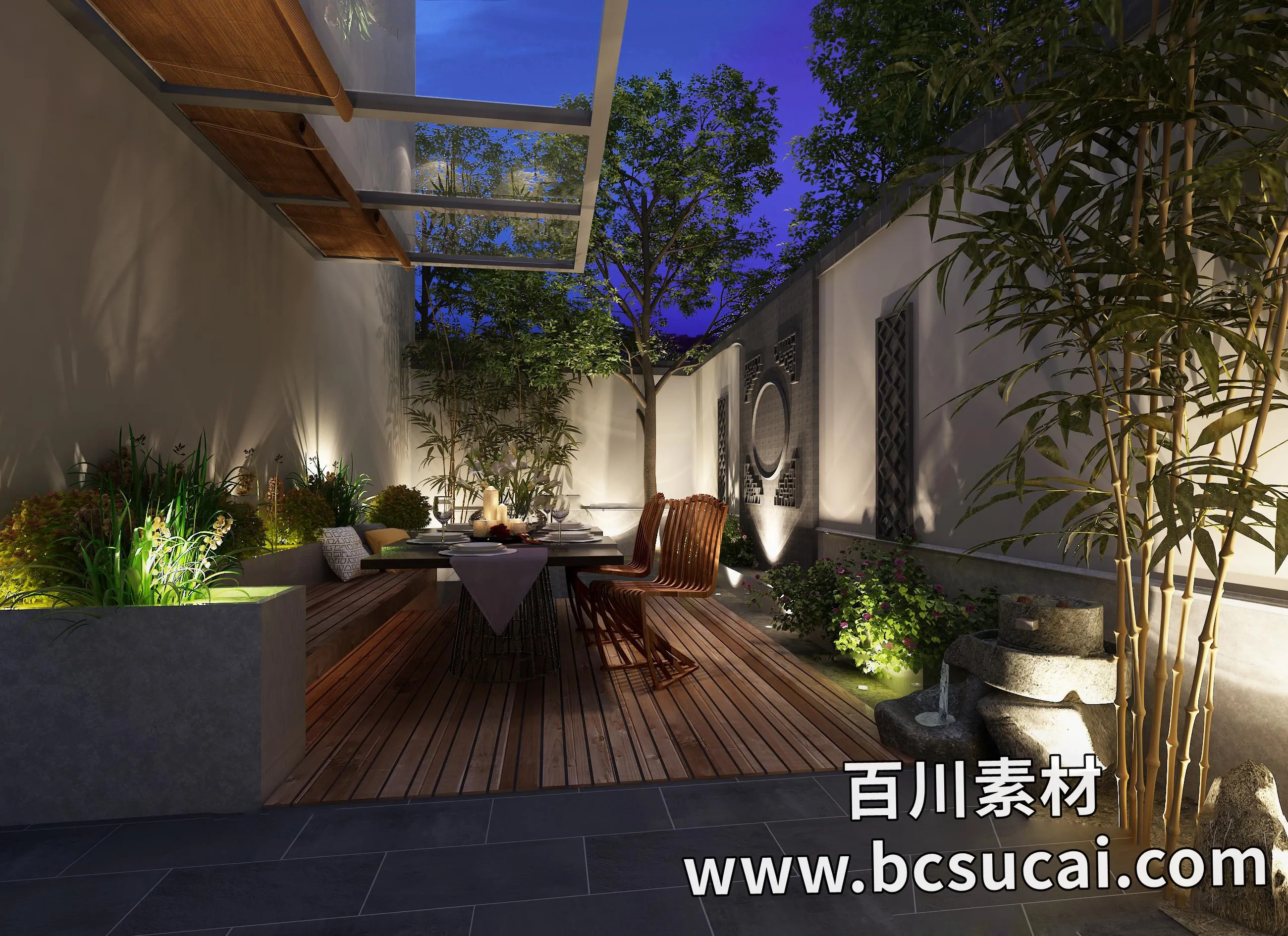 新中式庭院餐桌椅组合3D模型ID：305779
